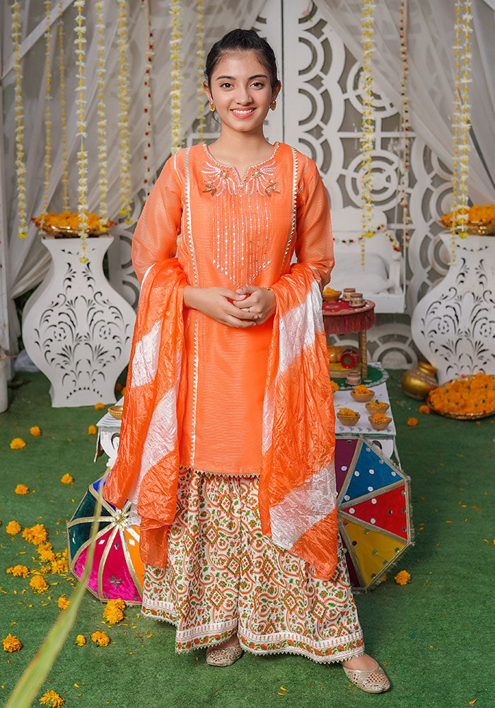 Organza Hand Adda Work 3 Pc Suit - Wear Ochre