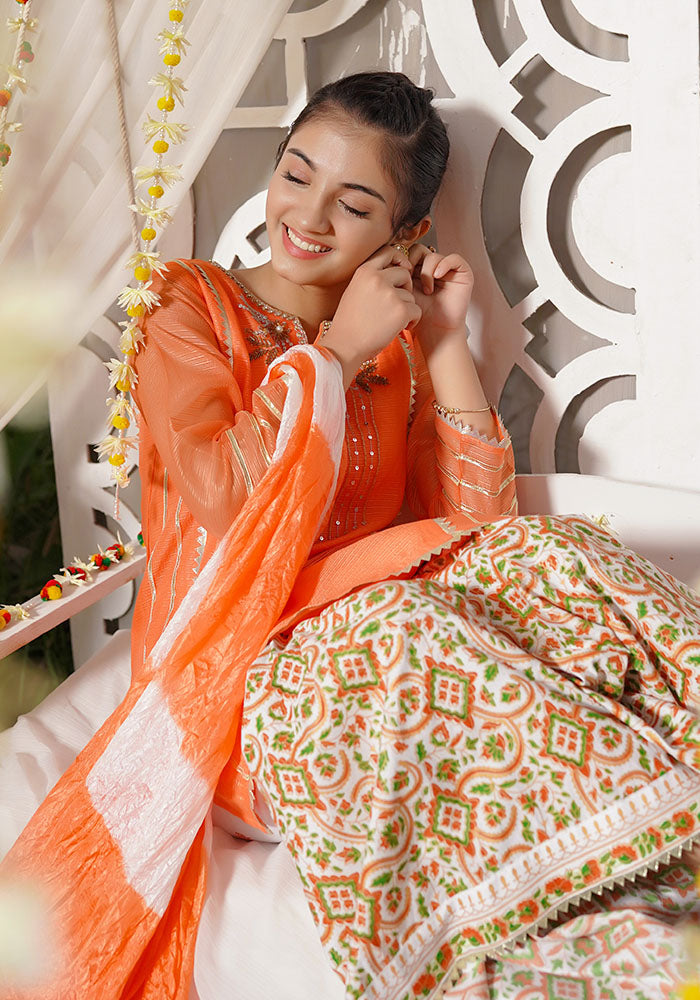 Organza Hand Adda Work 3 Pc Suit - Wear Ochre