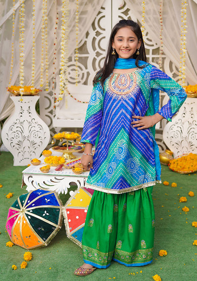 Printed Raw Silk Hand Adda Work 3 Pc Suit