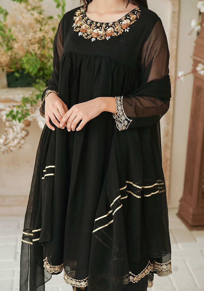 Chiffon Hand Adda Work 3 Pc Suit - Wear Ochre