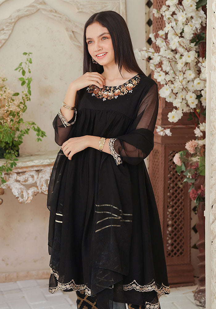 Chiffon Hand Adda Work 3 Pc Suit - Wear Ochre