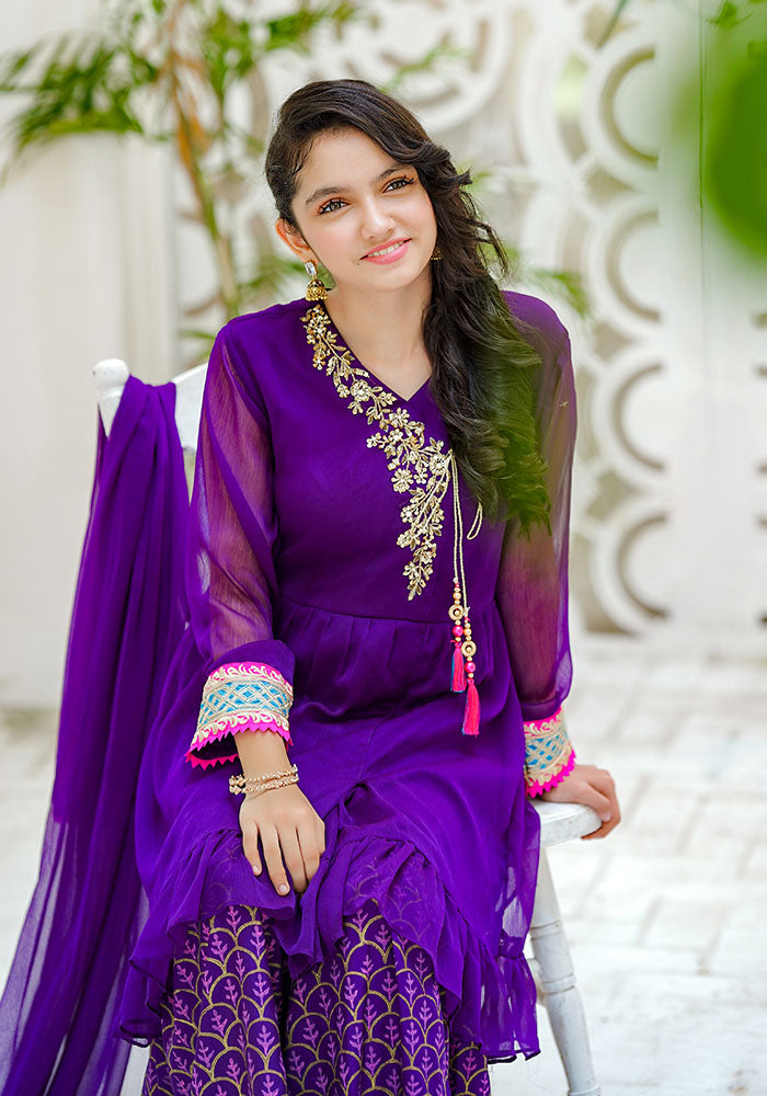 Chiffon Hand Adda Work 3 Pc Suit - Wear Ochre