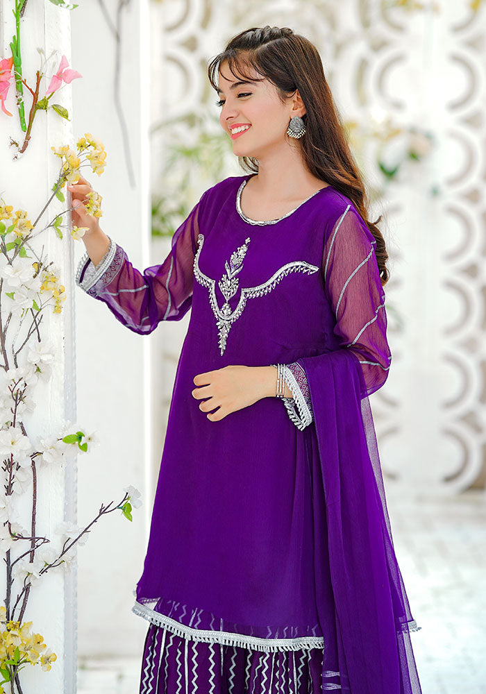 Chiffon Hand Adda Work 3 Pc Suit - Wear Ochre