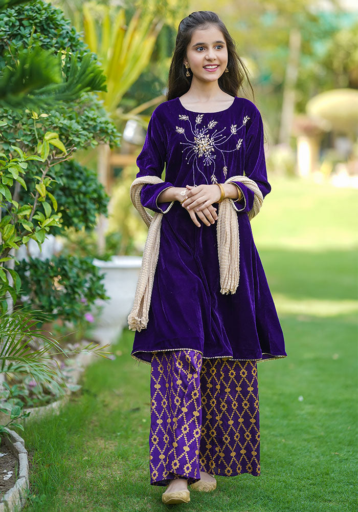 Velvet Hand Work 3 Pc Suit - Wear Ochre