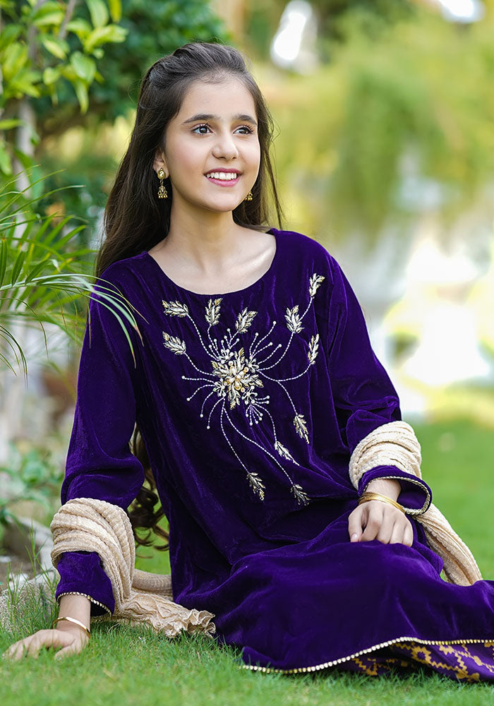 Velvet Hand Work 3 Pc Suit - Wear Ochre