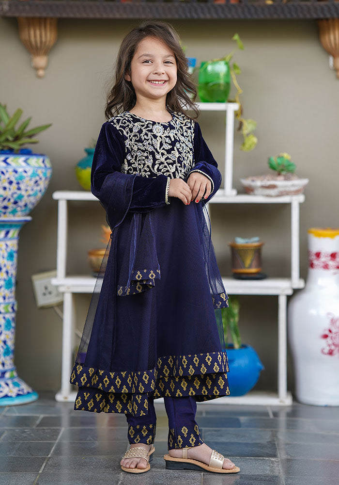 Velvet Embroidered 3 Pc Suit - Wear Ochre