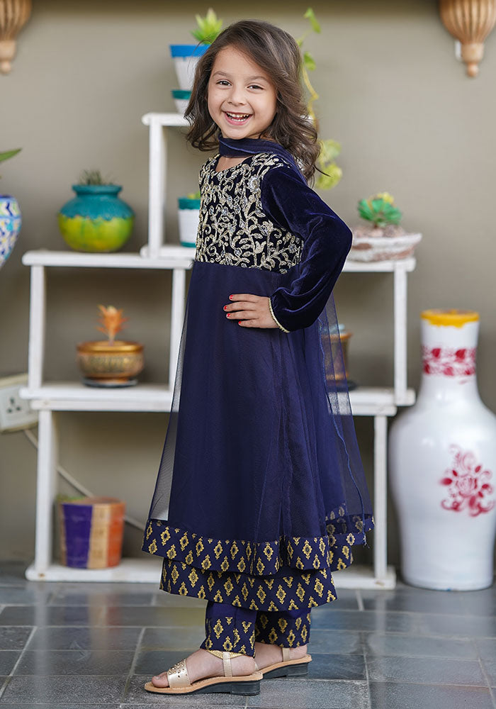 Velvet Embroidered 3 Pc Suit - Wear Ochre