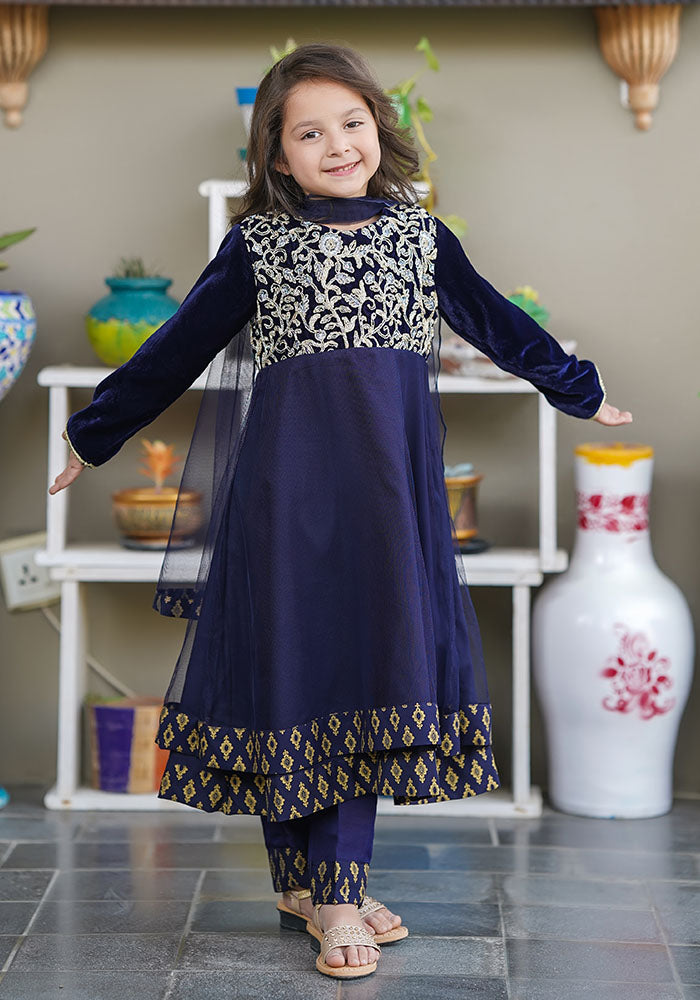Velvet Embroidered 3 Pc Suit - Wear Ochre