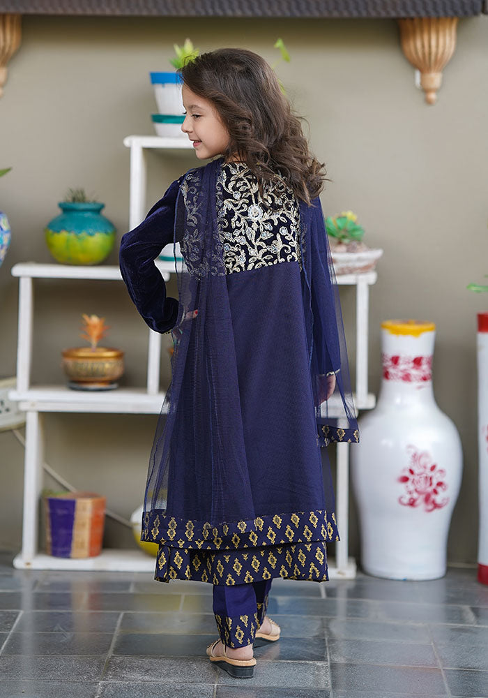 Velvet Embroidered 3 Pc Suit - Wear Ochre