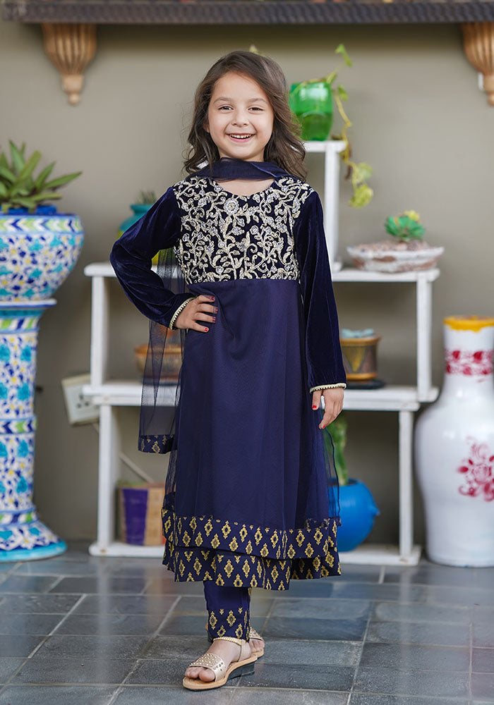 Velvet Embroidered 3 Pc Suit - Wear Ochre