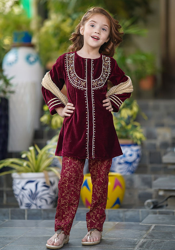 Velvet Hand Work 3 Pc Suit - Wear Ochre