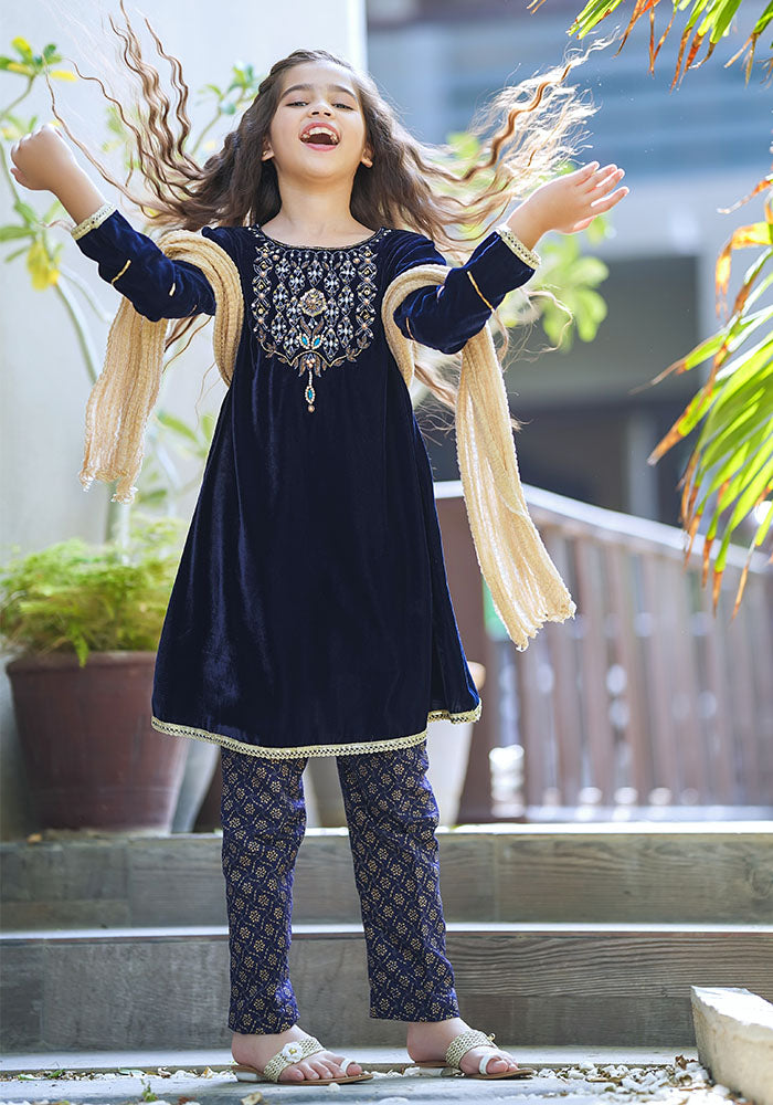Velvet Hand Work 3 Pc Suit - Wear Ochre