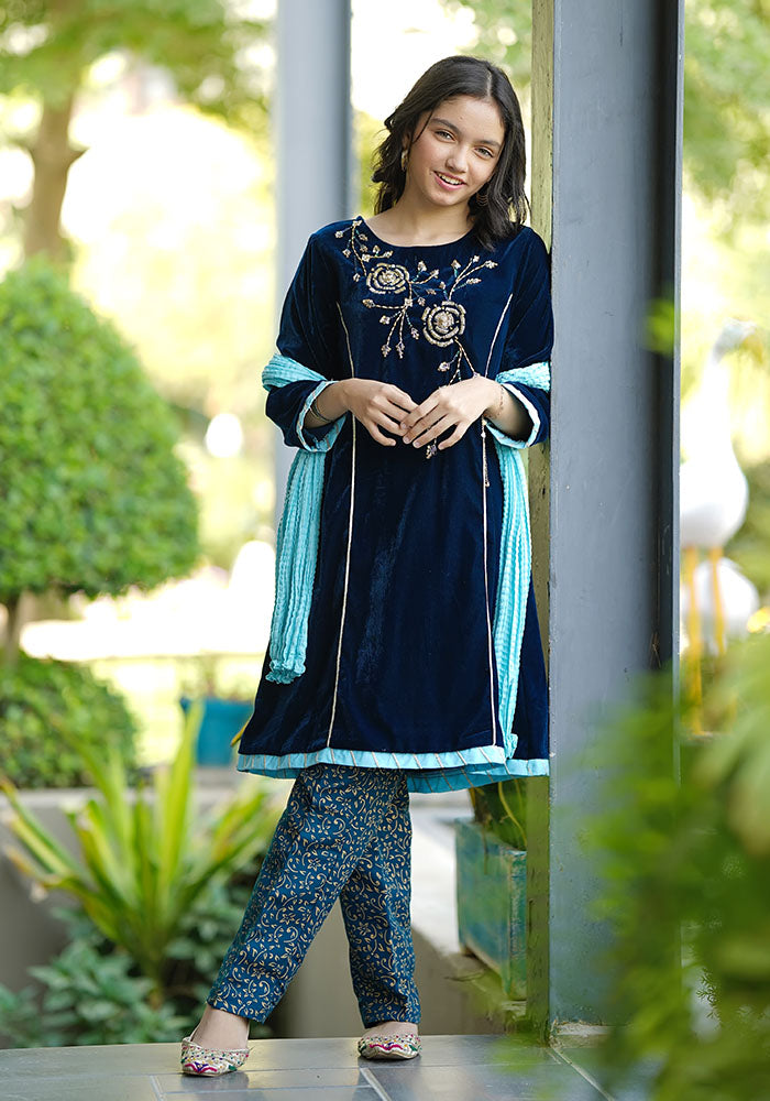 Velvet Hand Work 3 Pc Suit - Wear Ochre