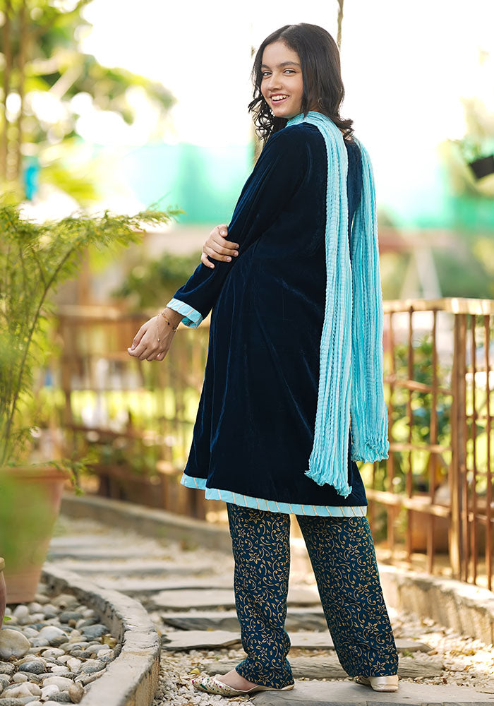 Velvet Hand Work 3 Pc Suit - Wear Ochre
