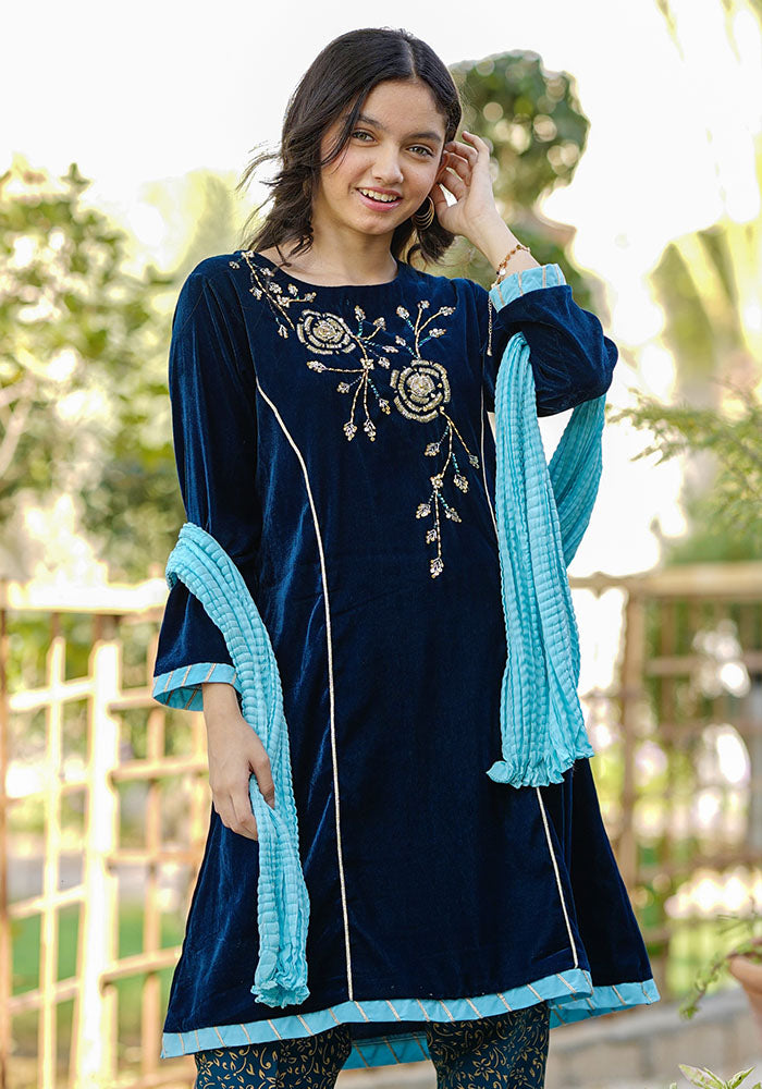 Velvet Hand Work 3 Pc Suit - Wear Ochre