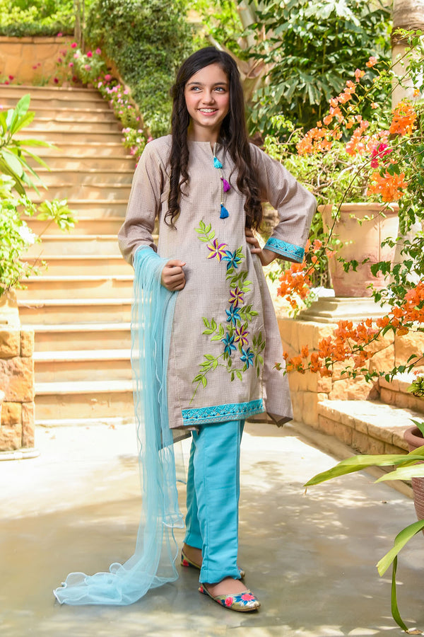 Chambray Embroidered 3 Pc Suit - Wear Ochre