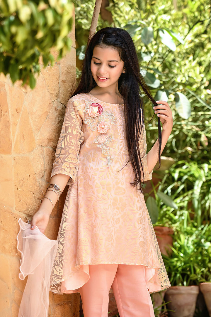 Net Embroidered 3 Pc Suit - Wear Ochre