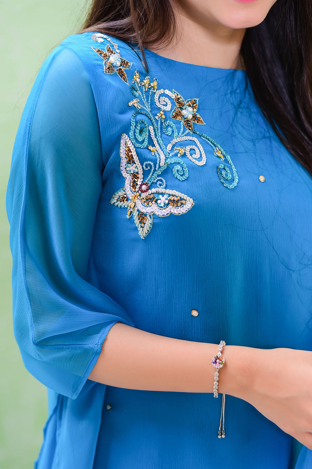 Chiffon Hand Work 3 Pc Suit - Wear Ochre