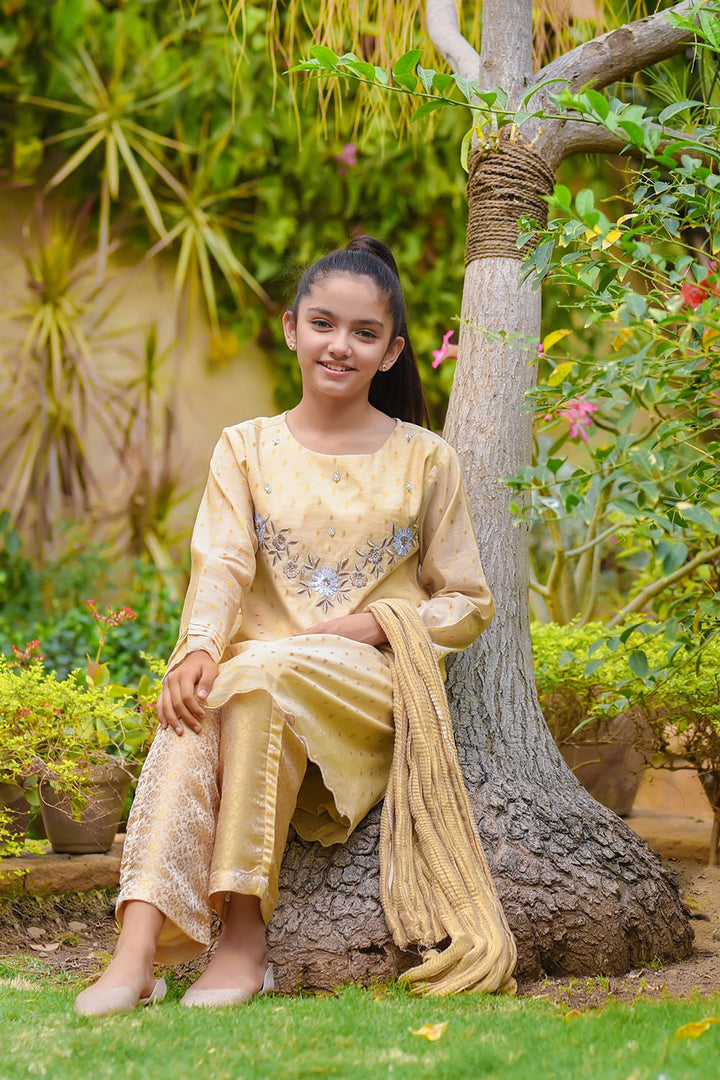 Jacquard Hand Work 3 Pc Suit - Wear Ochre