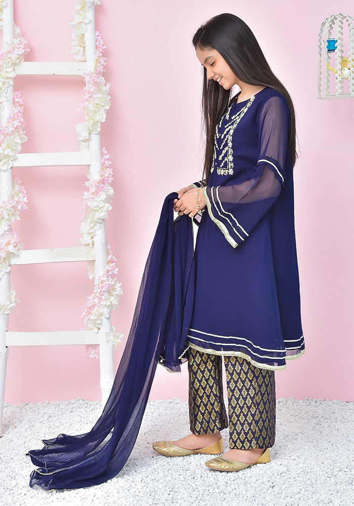 Chiffon Hand Work 3 Pc Suit - Wear Ochre