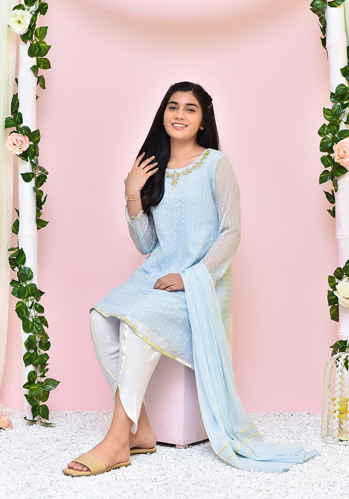 Chiffon Hand Work 3 Pc Suit - Wear Ochre