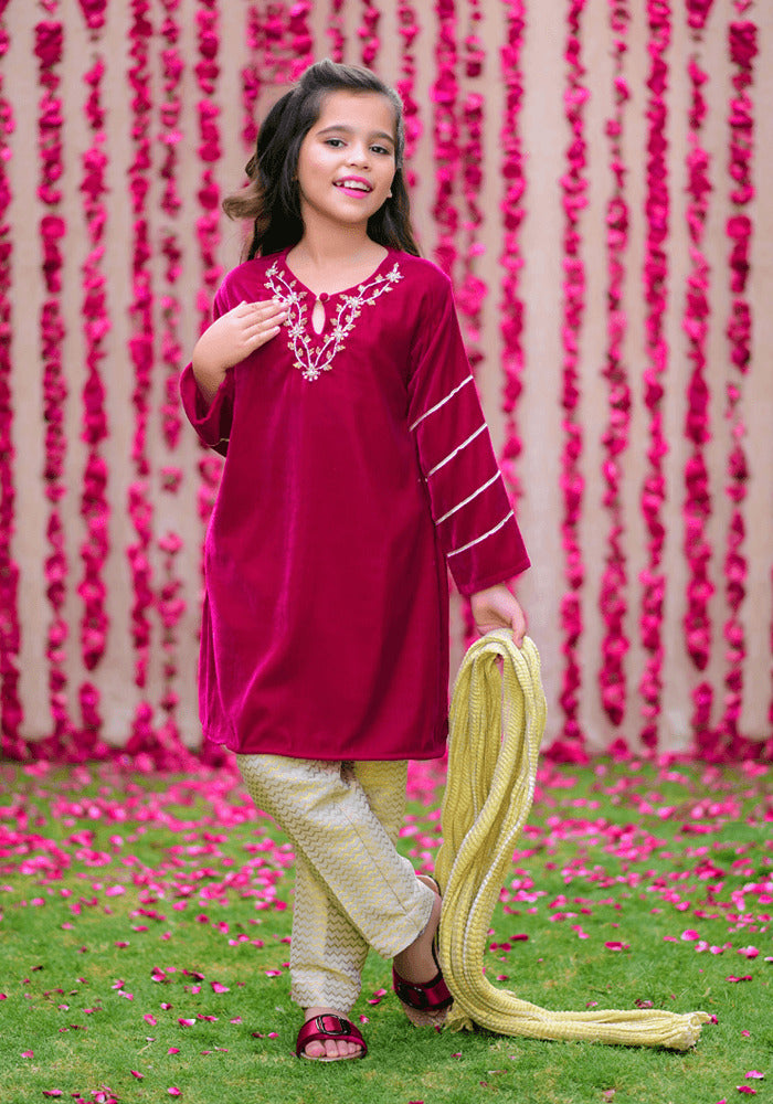 Velvet Hand Work 3 Pc Suit - Wear Ochre