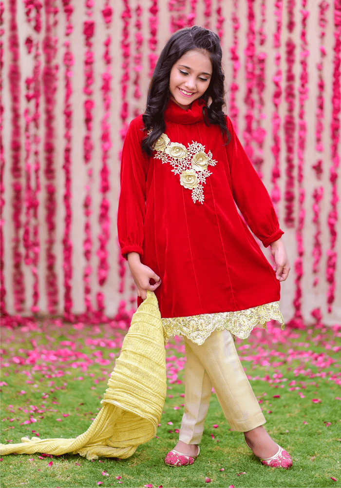 Velvet Embroidered 3 Pc Suit - Wear Ochre
