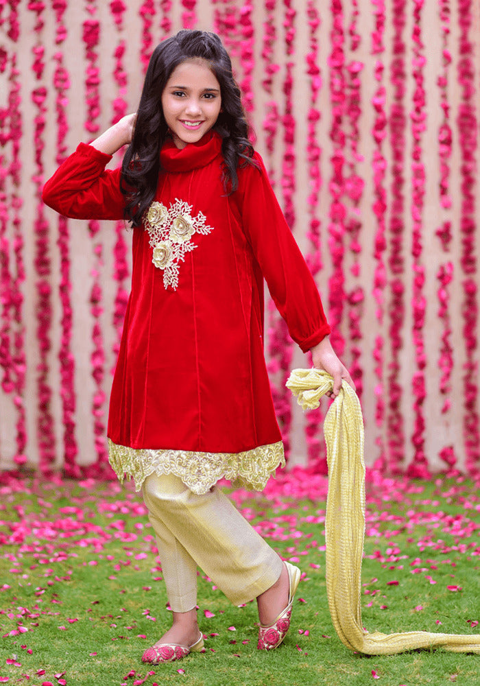 Velvet Embroidered 3 Pc Suit - Wear Ochre